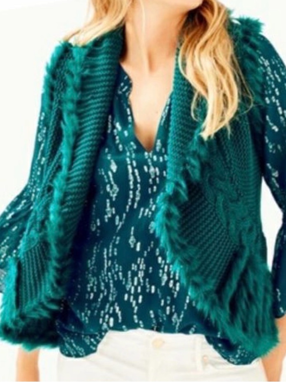 NWT $258 Lilly Pulitzer Torini Faux Fur Sweater Vest in Inky Turquoise, Size Med